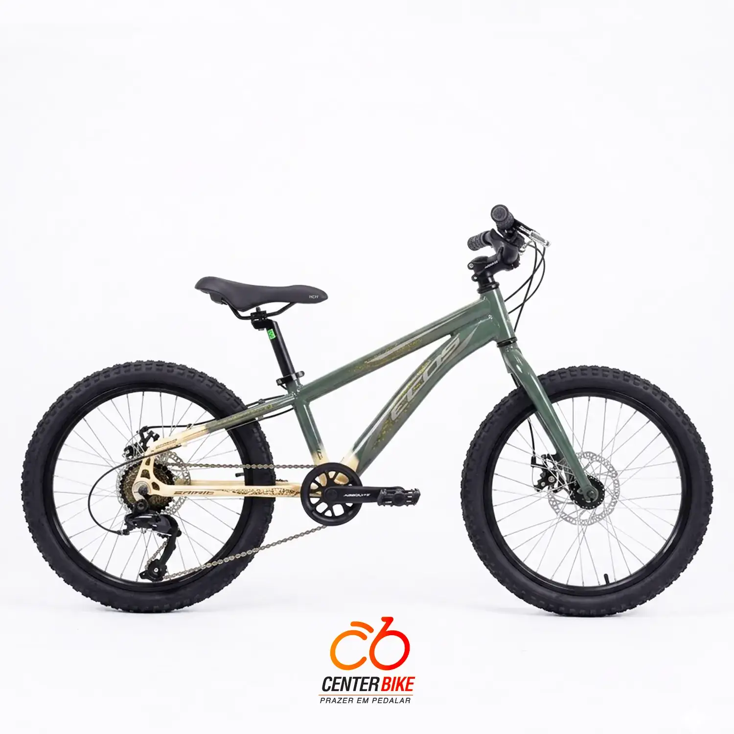 Bicicleta Aro 20 com 7 velocidades verde exercito e bege - Center Bike João Pessoa